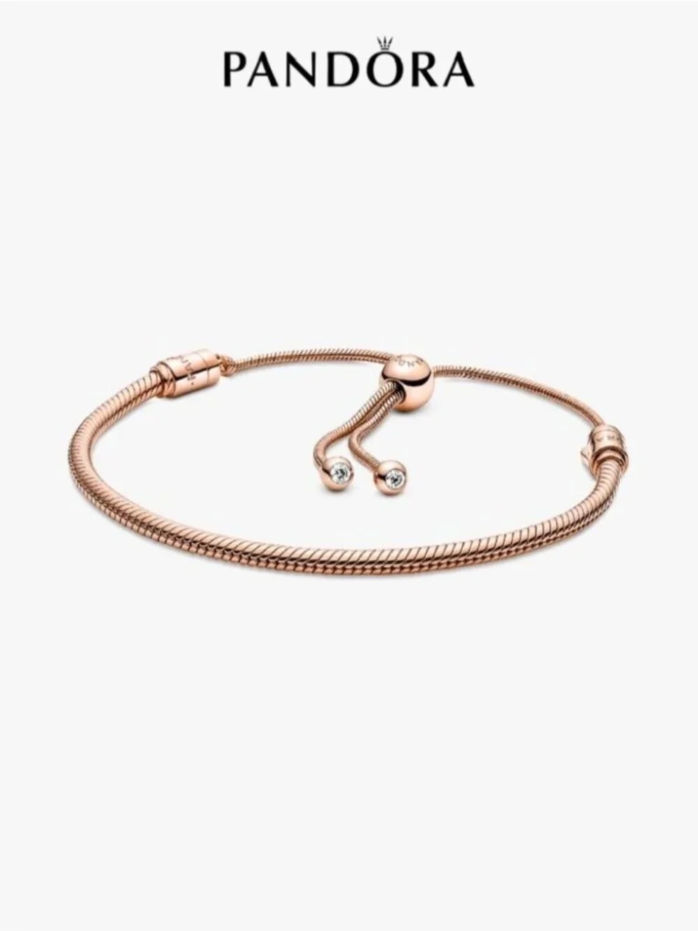 Pandora Rose Gold Adjustable Slider Snake Bracelet with Crystal Ends